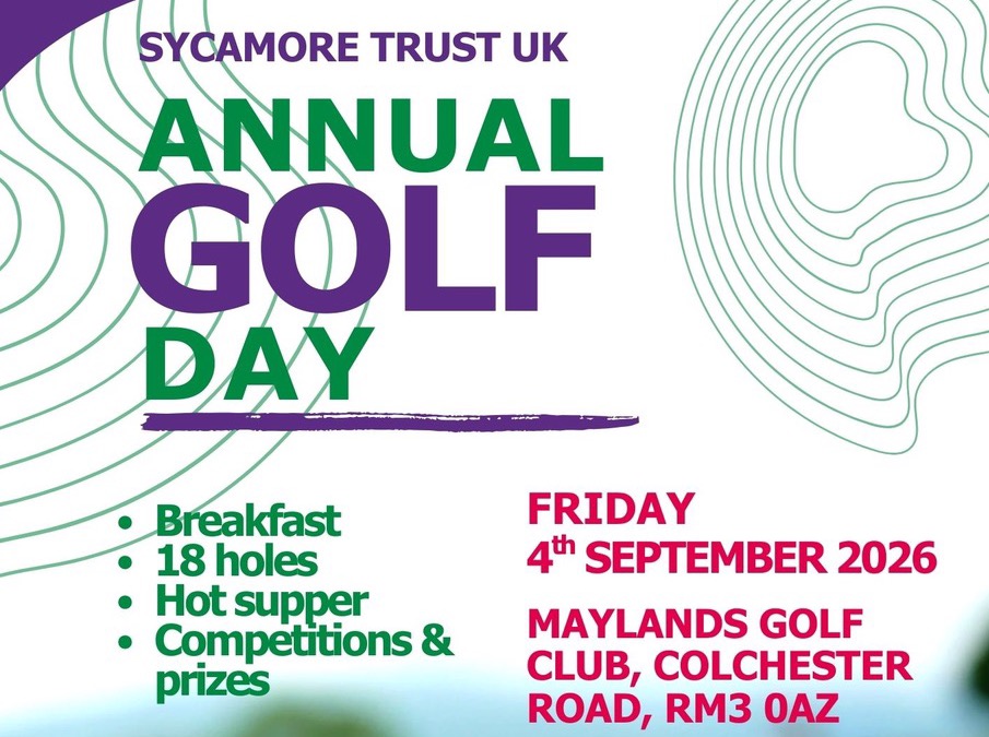 Sycamore Trust UK Annual Golf Day flyer — Friday 4th September 2026, Maylands Golf Club